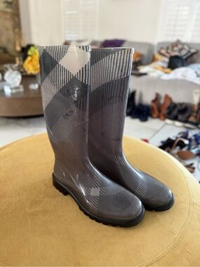 Burberry Gray Plaid Rain Boots